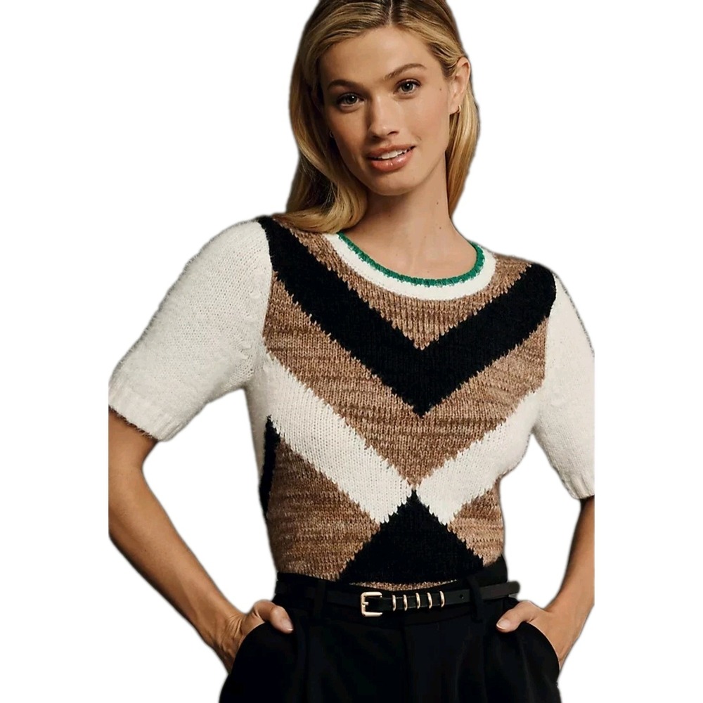 Maeve Anthropologie Graphic Chevron Wool Blend Shrunken Tee Sweater Small